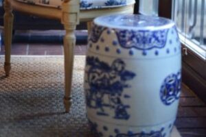 blue white porcelain garden stool